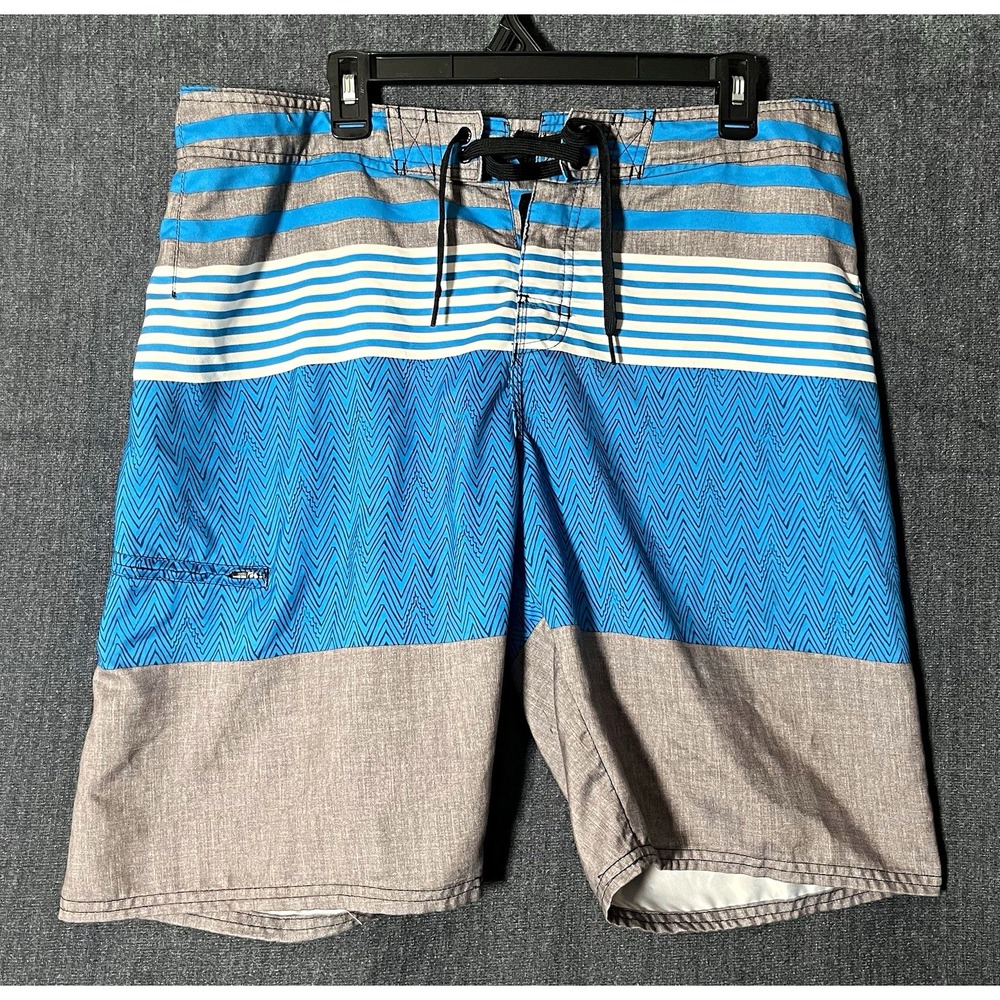 Hang Ten Men's Board Shorts Size 34 Blue Gray White Striped Drawstring Pocket